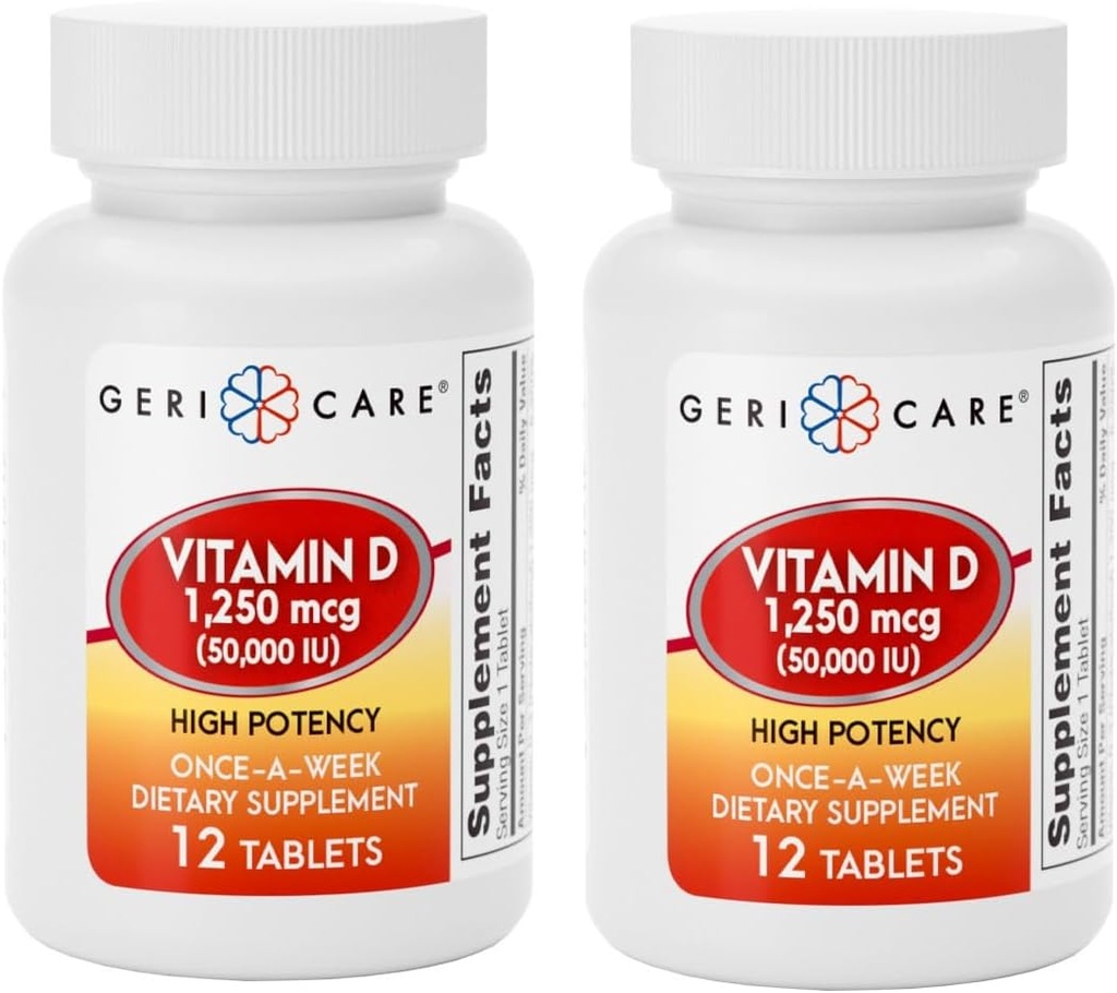 GeriCare Vitamin D 1,250mcg (50,000 IU) High Potency, Supports Bone Density, Muscle Health, Immune Function, and Calcium Absorption, Once-A-Week Dietary Supplement, 12 Count (Pack of 2)