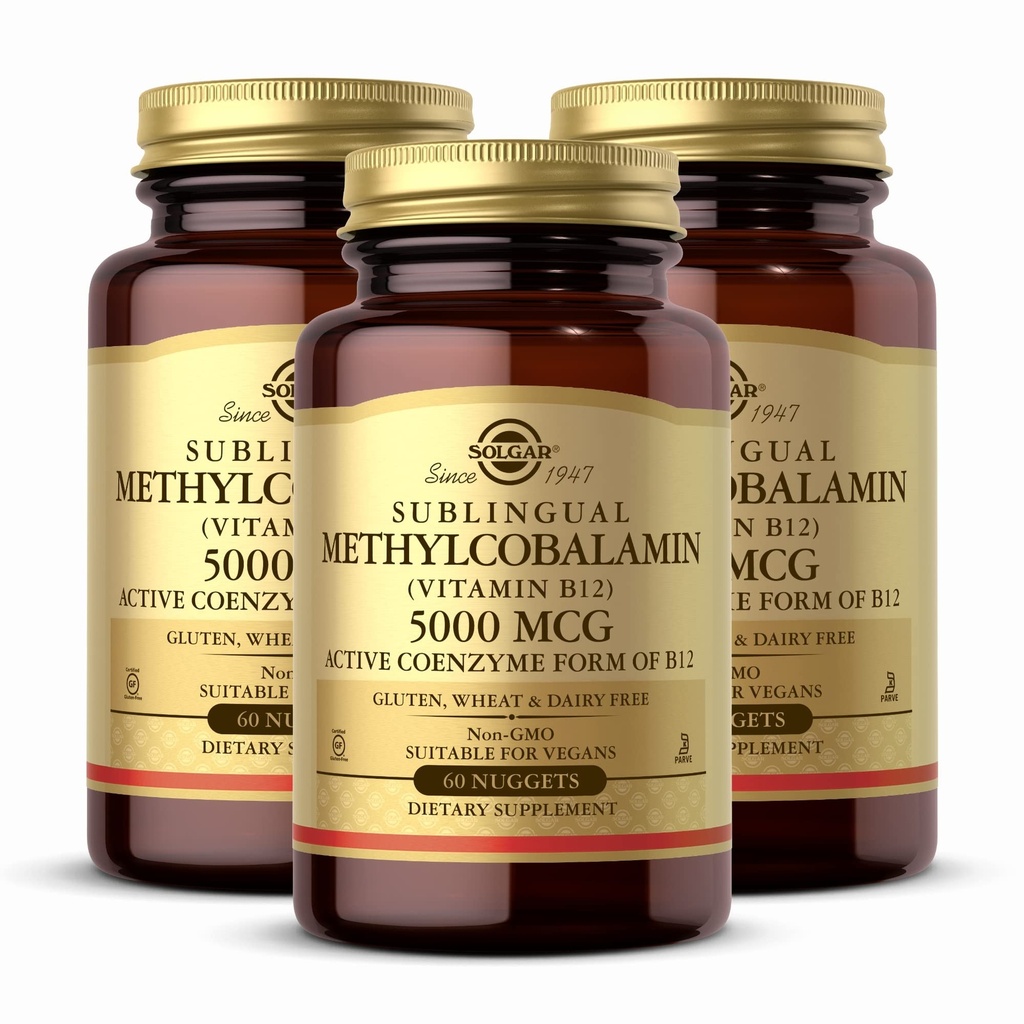 Solgar Methylcobalamin (vitamin B12) 5000 mcg, 60 Nuggets (pakke af 3) - Cherry Flavor - Understøtter energi Metabolisme - Body- klar, aktiv form - non-GMO, Vegan, Gluten Free - 180 Total Servering