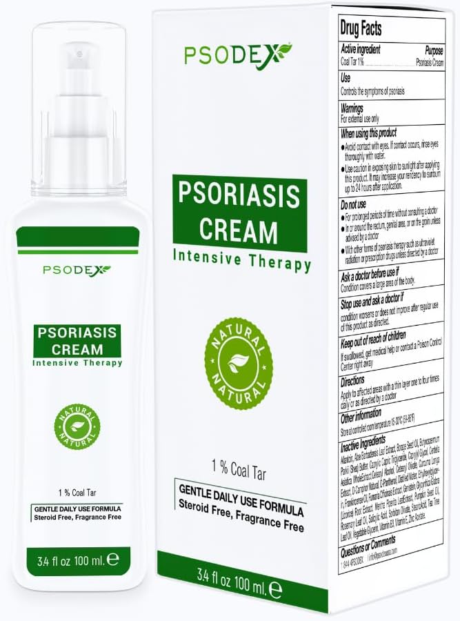 PSODEX Psoriasis Cream - 3.4fl oz Topical Psoriasis Treatment with Coal Tar, Saltsyre, Tea Tree Oil, Aloe Vera - All- Natural Ingredients - Lindrende og fugtgivende Coal Tar Psoriasis Cream