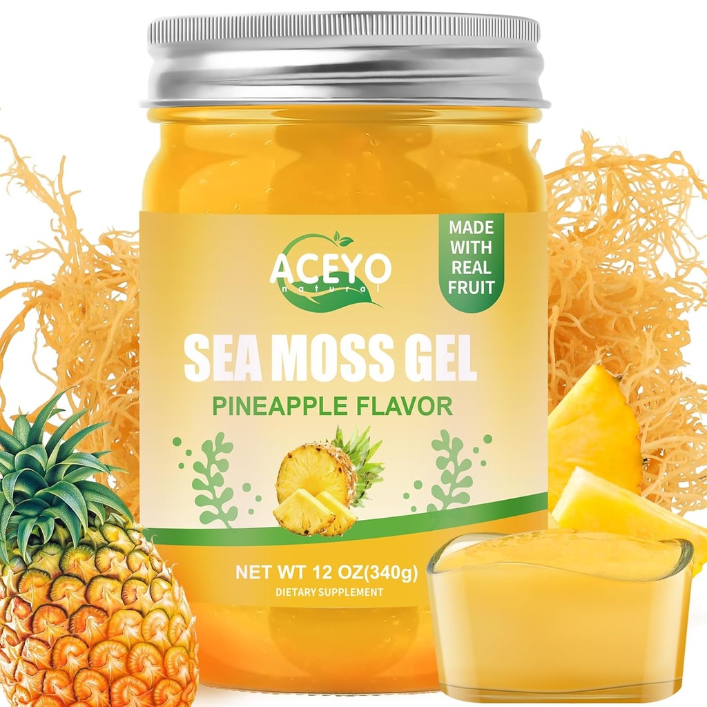 ACEYO (12 OZ Irish Sea Moss Gel Raw Vegan Ananas Arv 102 Vitamin og mineral Wild Harvested Non-GMO immunforsvar Booster Thyroid fordøjelsesstøtte