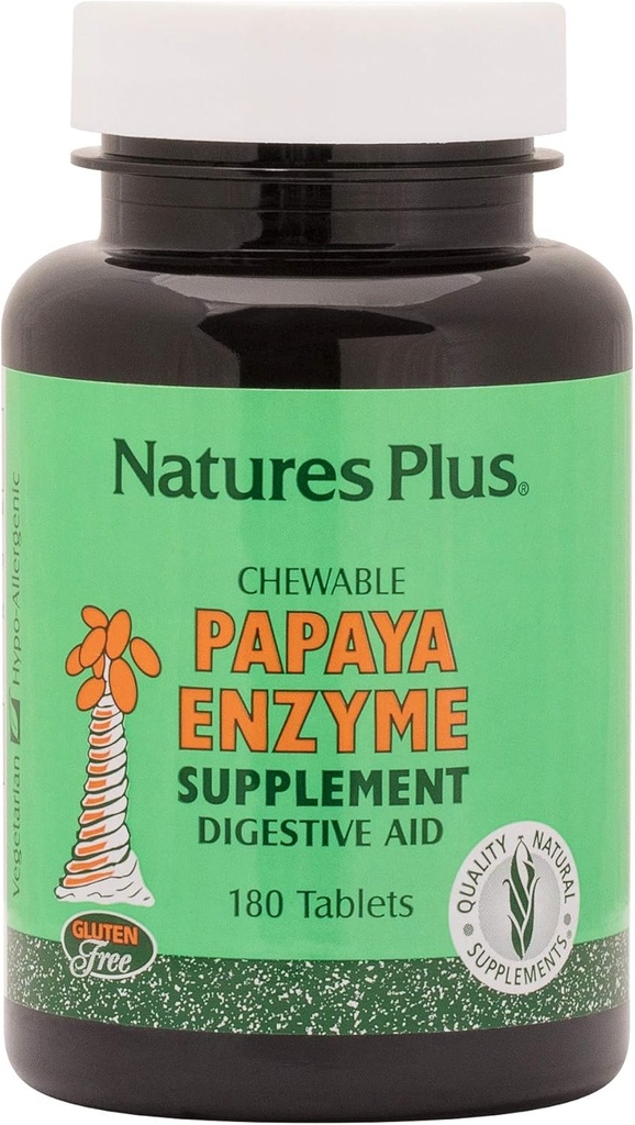 Natures Plus Papaya Enzyme - 6 mg Papain - Alle naturlige fordøjelsestilskud, Indeholder Amylase & Protease - 180 tyggetabletter (180 Servere)