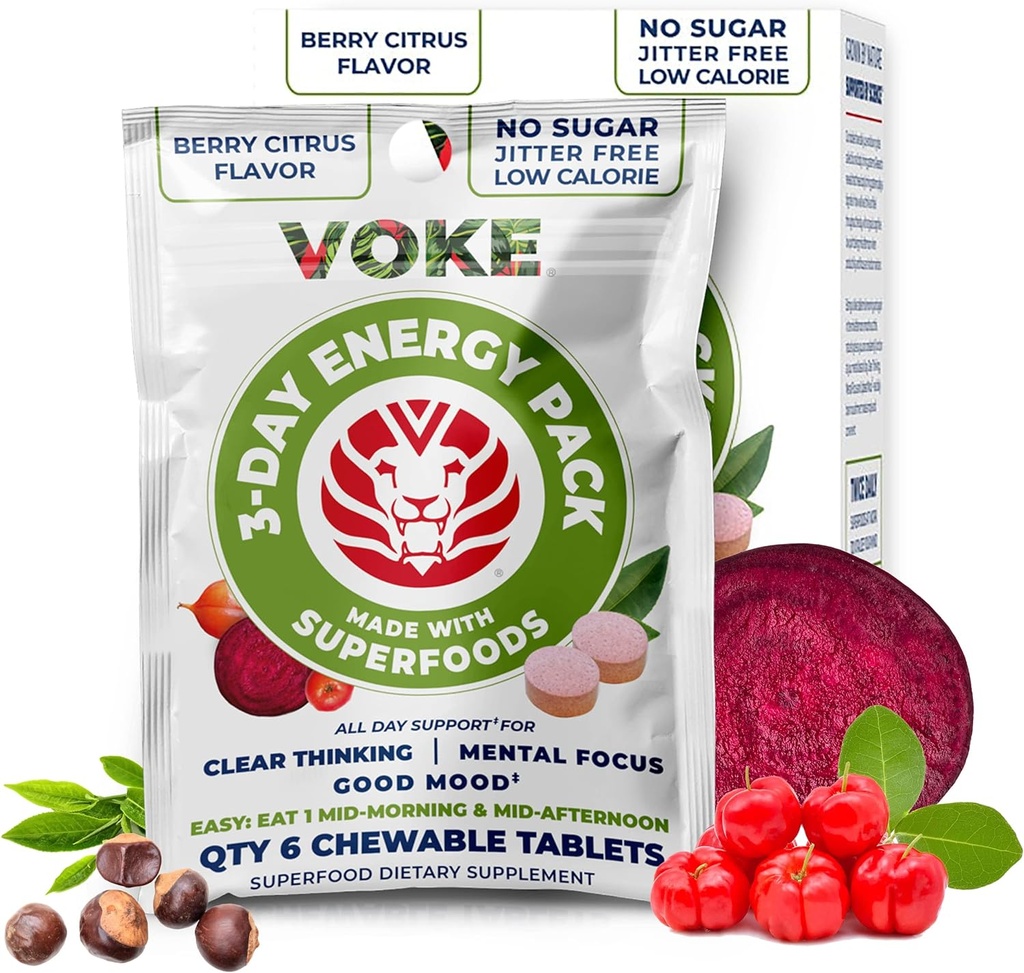 Voke Energy Tablets - Rapid Focus Superfood Chewable Tablets, Pocket Portable, Resalable Packaging, C-vitamin, Understøtter Focus Memory Concentration Clear Thinking and Good. 30 Greve (pakke af 5)