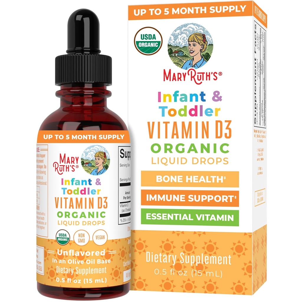 MaryRuth Organics USDA Organic Vitamin D Drinps MSD 124; D3- vitamin Liquid MSD 124; Sugar Free MSD 124; Liquid Vitamin D Drops Immunstøtte til spædbørn & Toddlers MSD 124; VIT D3- 124; Gluten Free MSD 124; Non- GMO MSD 124; 90- 150 Servering