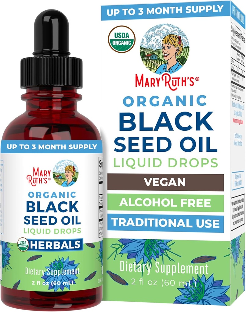 MaryRuth Organics Black Seed Oil Liquid Drops Cold Pressed Measures 124; 3 Month Supply Measures 124; USDA Organic Black Cumin Seed Oil Measurement 124; Respiratory Health Measugar & Gluten Free Measures 124; Vegan Measures 124; Non- GMO Measurement 124; 2 Fl Oz
