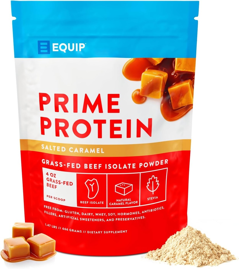 Equip Foods Prime Protein Powder | Clean, Grass Fed Beef Protein Powder, Carnivore Protein Isolate | Paleo, Keto Friendly, Gluten & Dairy Free, Helps Build & Repair Tissue| 30 Servings, Salted Caramel