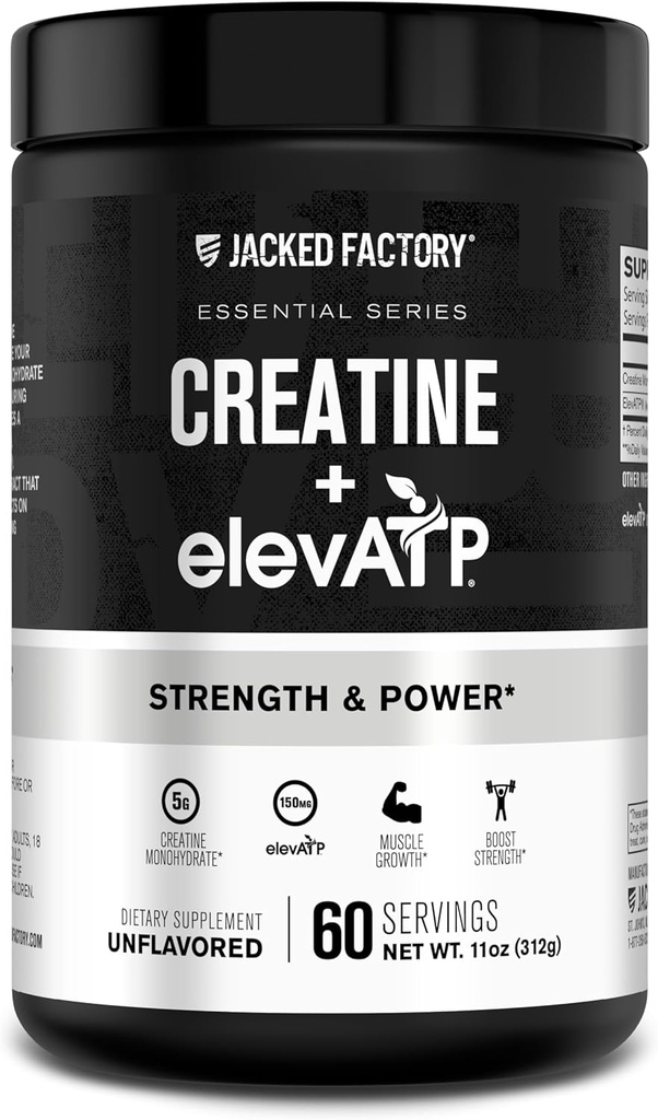 Jacked Factory Creatin + ElevatP - Creatin monohydrat pulver til muskel vækst, øget styrke, Forbedret energiproduktion, med ElevatP for vedvarende energi & Endurance - 60 Servering, Ikke aromatiseret