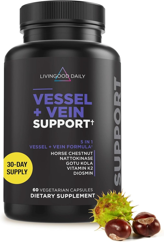 Livingood Daily Vessel & Vein Support, Circulation & Vein Support Supplement med Diosmin, Horse Chestnut, Nattokinase, Gotu Kola & Vitamin K2, Vaskulære & Vein Health Formel, Gluten Free, 60 Kapsler