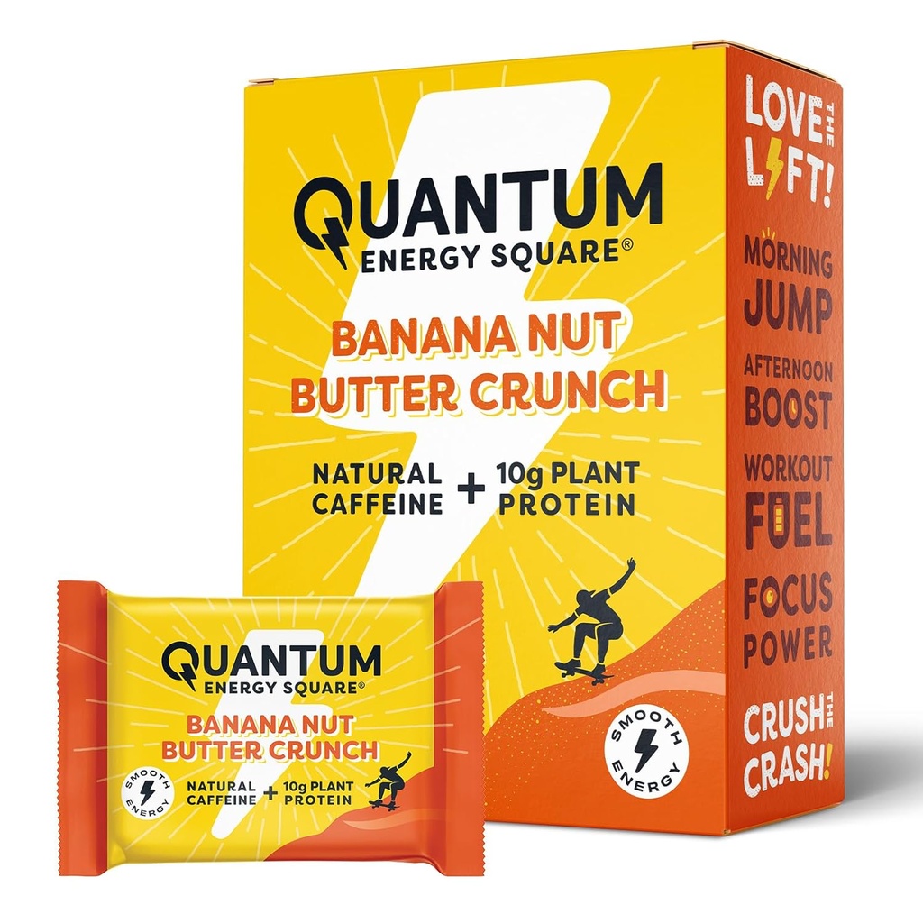 Quantum Energy Square: Energibar med koffein & 10g protein. Lækker sund snack på farten. (Vegansk, Glutenfri, Soy- fri, Dairy- fri) - Banana Nut Butter Crunch 8Pk