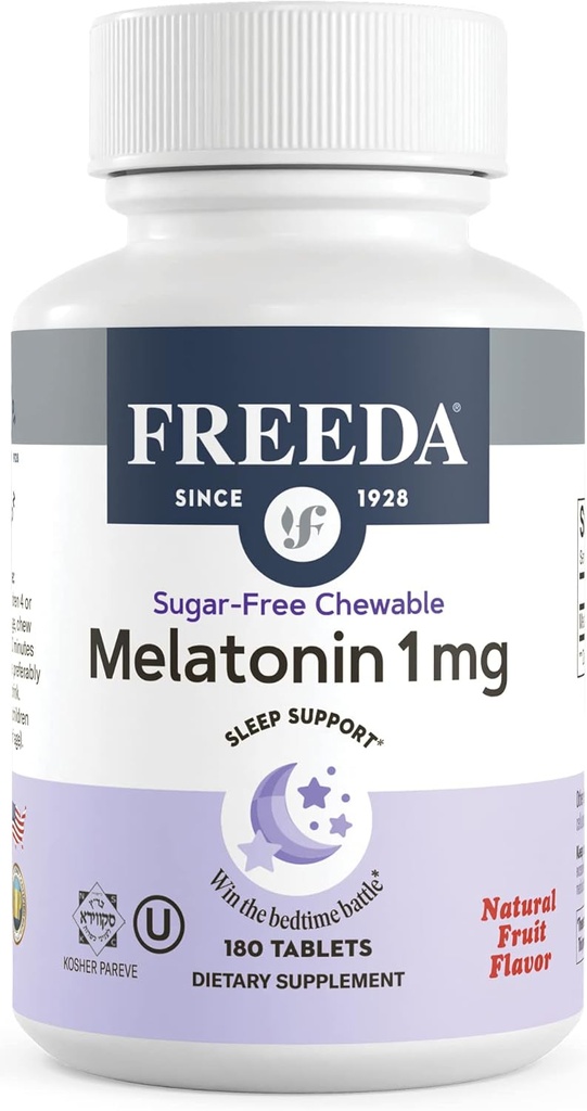 FREEDA Melatonin 1 mg Sugar- Free Chewable Tablets - Natural Fruit Flavor Sleep Aid for Voksne og Børn 3 og Up - Non-Habit Forming, Vegan, Gluten- Free, Kosher - Made in USA (180 Count)