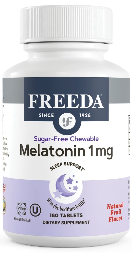 FREEDA Melatonin 1 mg Sugar- Free Chewable Tablets - Natural Fruit Flavor Sleep Aid for Voksne og Børn 3 og Up - Non-Habit Forming, Vegan, Gluten- Free, Kosher - Made in USA (180 Count)