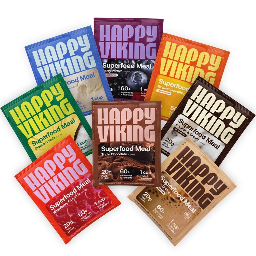 Happy Viking Variety Pack Plant Protein Powder, created by Venus Williams, 20G Protein, Low Carb, Keto, Vegan, Gluten- Free, Non- GMO, Superfoods, Complete Meal Erstatning, 8 Single Serve Packs