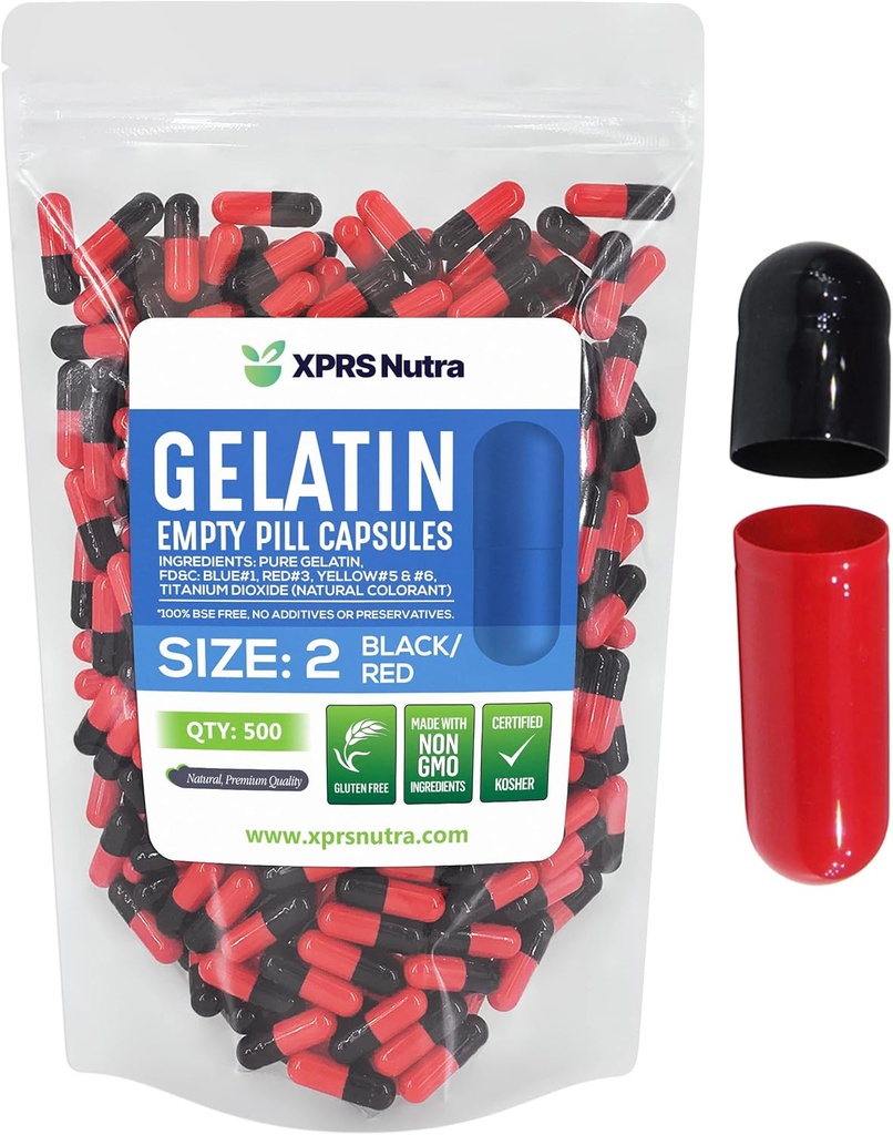 XPRS Nutra Størrelse 2 Tomme kapsler - 500 Tomme Gelatine kapsler - Piller gør det - Pure Bovin Pille Gel Caps til Do- It- Yourself Kosttilskud (sort / rød)