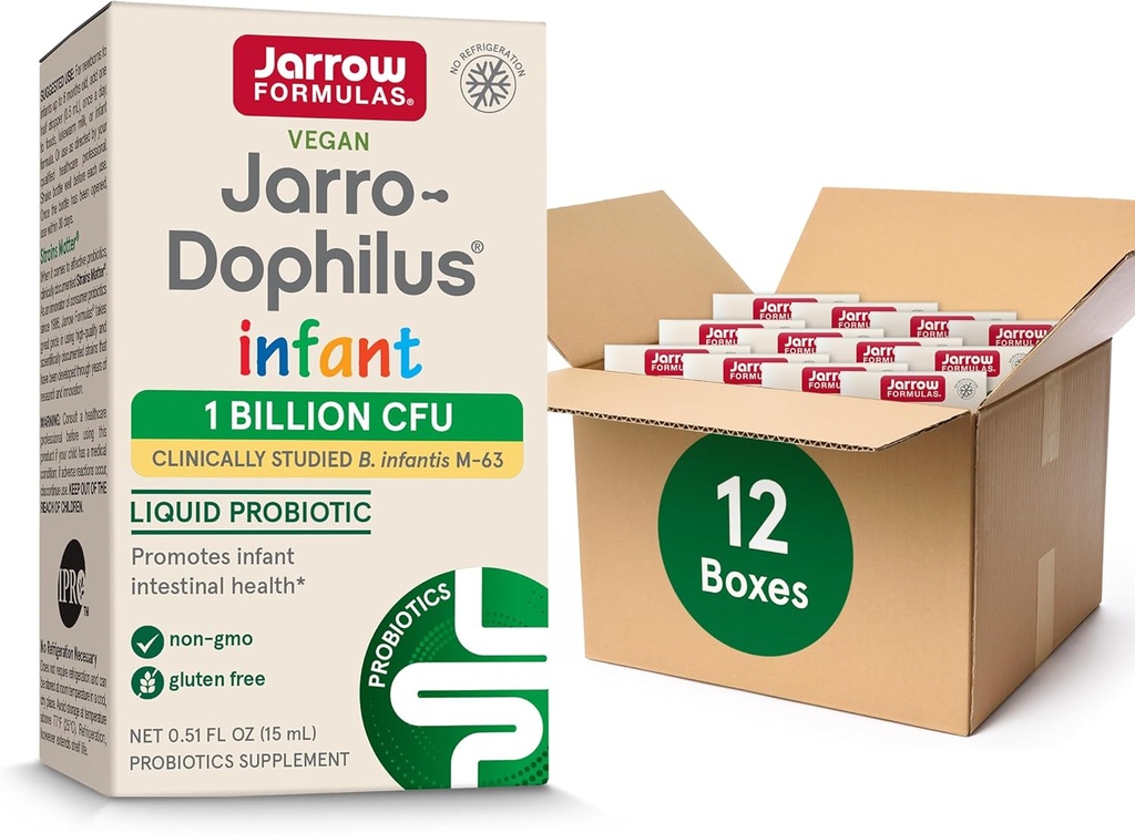 Jarrow Formulas Jarro- Dophilus Infant Liquid Probiotic, Kosttilskud, Intestinal Health Support for Spædbørn, 1 Million CFU Per Serving, 0,51 Fl Oz, 30 Day Supply, (Pack of 12)