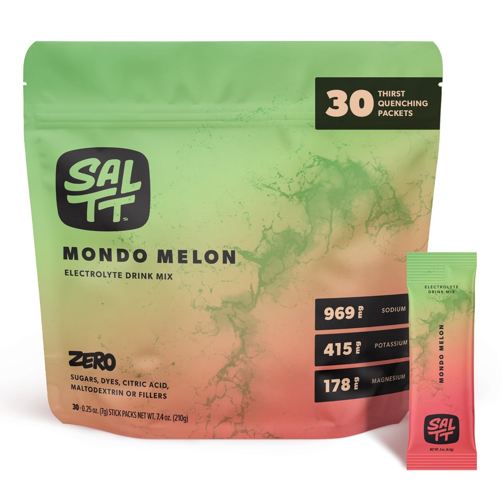 SALTT Electrolytes Powder Flavored Drink Mix - Mondo Melon - 30 Hydration Packets - Magnesium, Kalium, Natrium, Trace Minerals - Zero Sugar & Gluten Free - Rejse Essentials