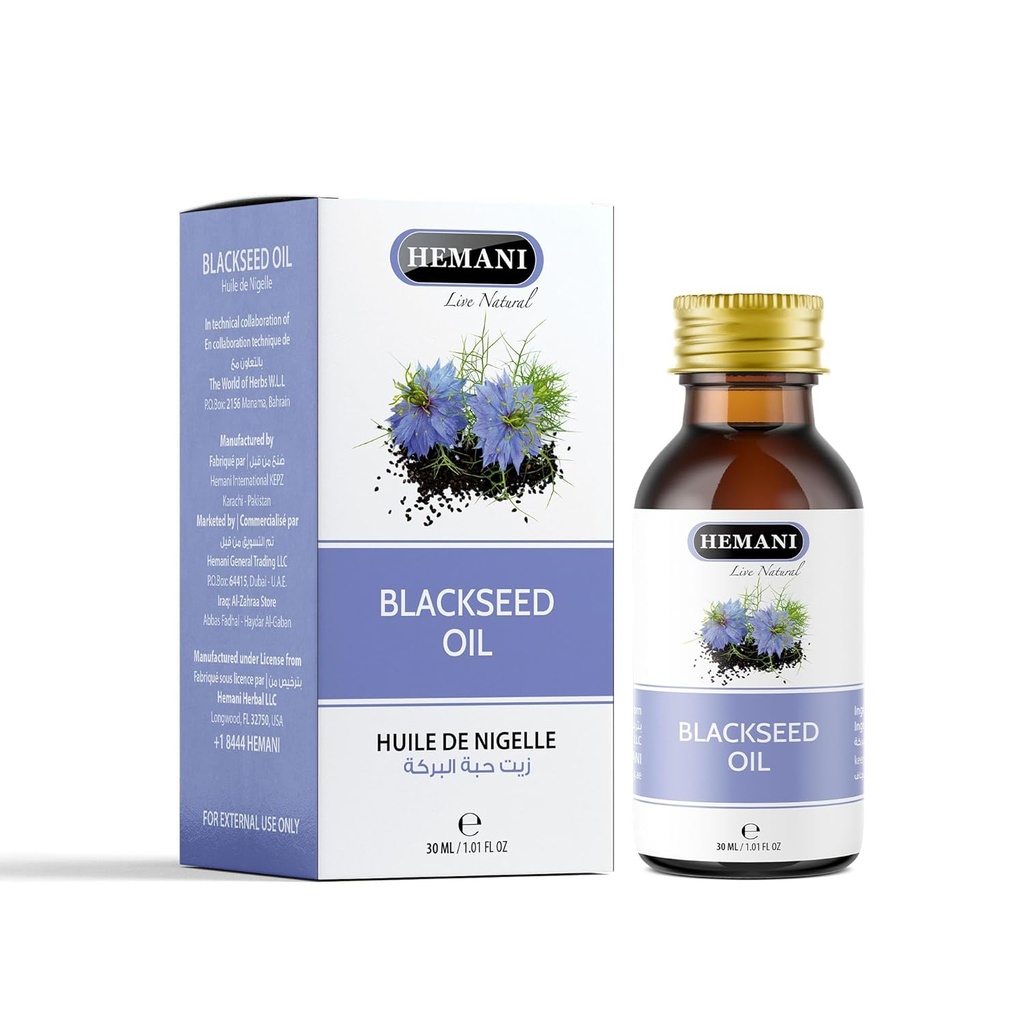Hemani Black Seed Oil 30ml - Pure Premium Cold Pressed Nigella Sativa Black Cumin Oil til fordøjelse sundhed, hjerne funktion, immunsystemet support. Naturlig kilde til Thymoquinon