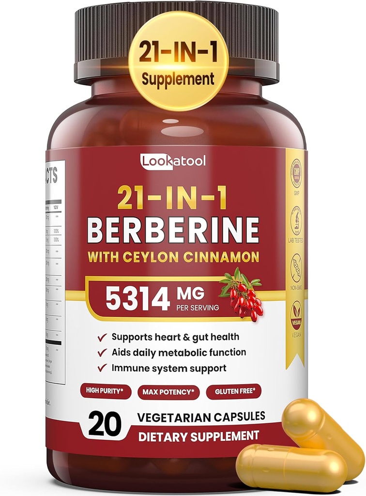21 - in-1 Berberine tillæg med Ceylon Cinnamon - 1500mg Organic Berberine HCL Phytosome, 5X Højere Absorption for Metabolisme Support 20 Kapsler