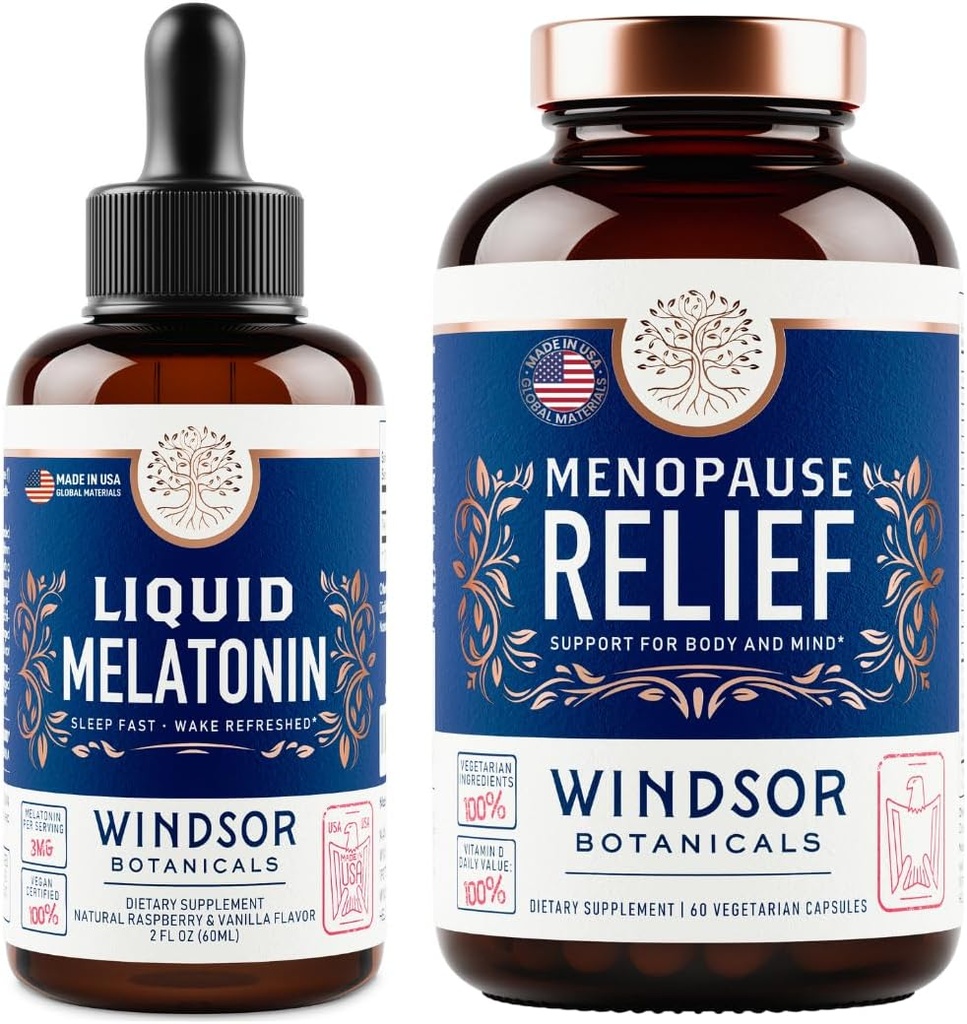 WINDSOR BOTANICALS Menopause Multivitamin og flydende Melatonin 3 mg - kvindelig sundhedsstøtte bundle