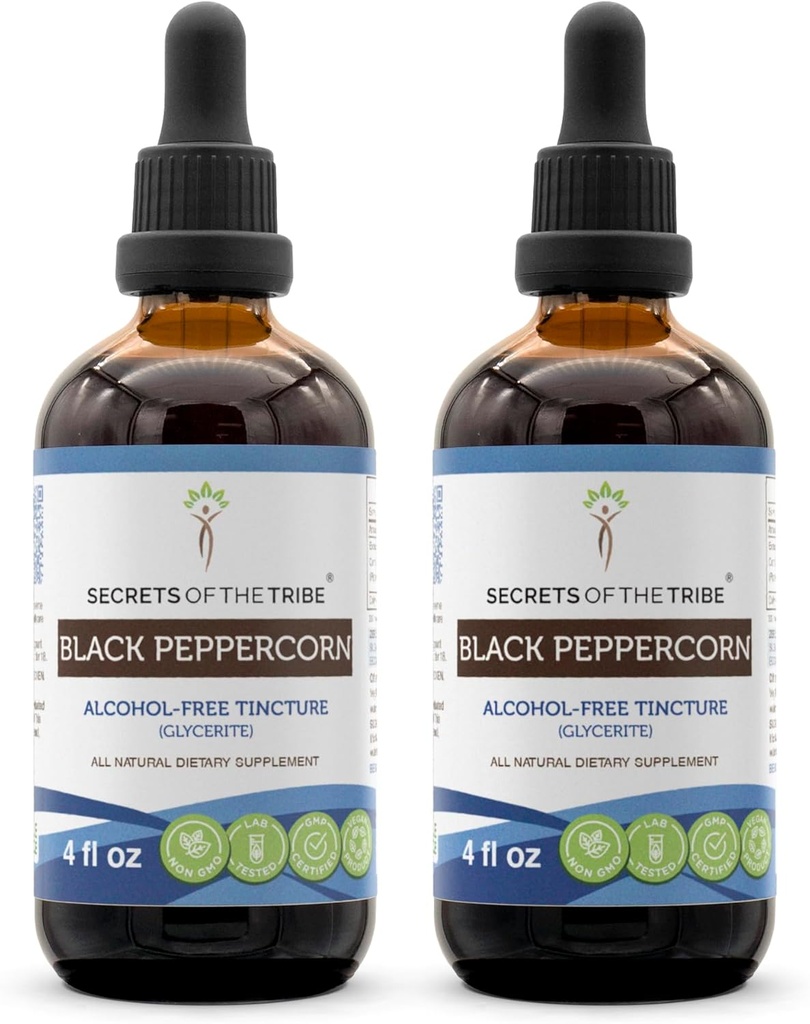 Secrets of the Tribe Black Peppercorn Alcohol- Free Liquid Extract, USDA Organic Black Peppercorn (Piper nigrum) Tincture Supplement (2x4 FL OZ)