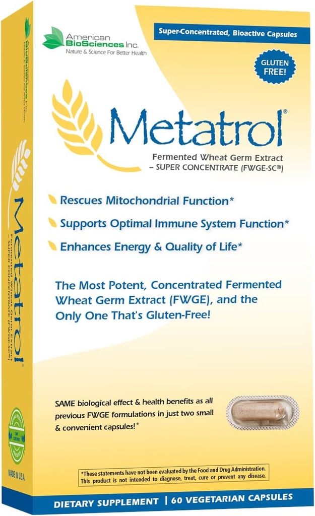 American BioSciences Metatrol Gæret Hvede Germ Extract - Immunum & Mitochondria Support til Fornyet Vitality & Enhanced Energy - Gluten Free - 60 Vegetariske Kapsler, 41mg