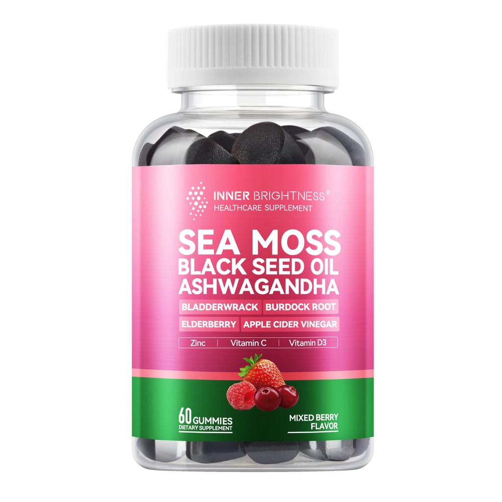 Sea Moss Azermg Gummies med Ashwagandha, Elderberry, Æblecider, Bladderwrack, Burdock Root - immunstøtte - blandet berry flavor - 60 Greve