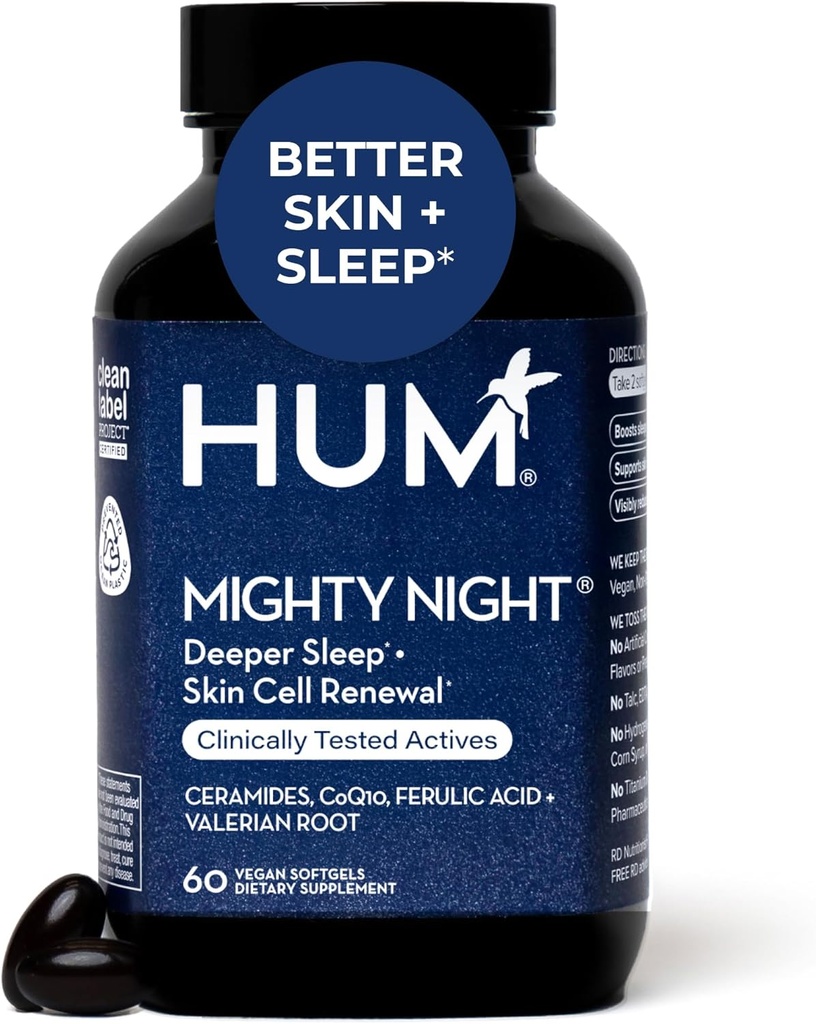 Hum Mighty Night Sleep Supplement til hudpleje, CoQ10, Valerian Root & Fertile Acid til støtte Cell Turnering, Hud Vitaminer for kvinder og mænd, Overnatning Skønhed Vitaminer, 60 Vegansk Softels
