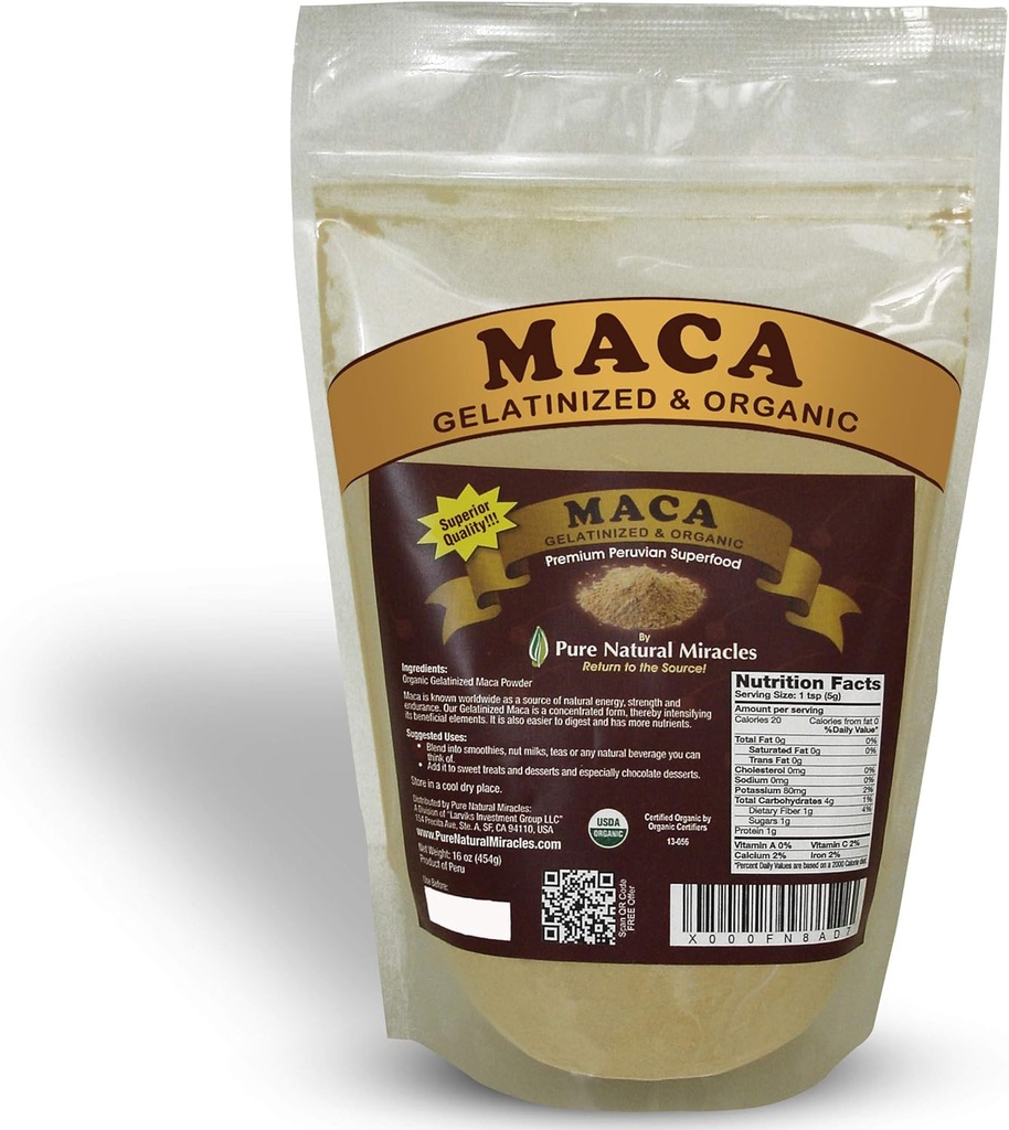 Organic Gelatinized Maca Root Powder (16 oz) - Peruvian Adaptogen Superfood for Energy, Hormonal Balance & Endurance - Non- GMO, Vegan & Gluten- Free Herbal Booster til mænd og kvinder