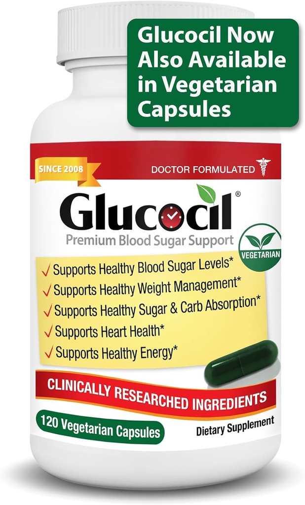 Glucocil - Ny - Vegetariske kapsler - Premium Blood Sugar Support - Understøttelse De 3 Essentials for sundt blodsukker - med Berberine, Proprietary Mulberry Leaf, og mere