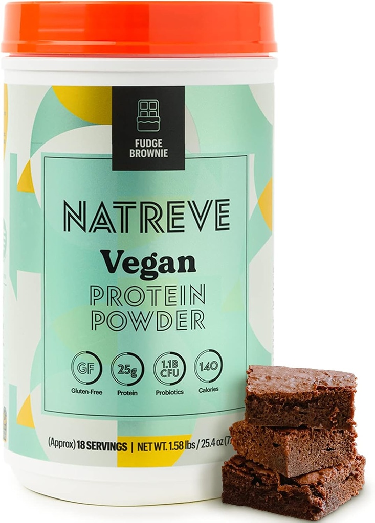 Natreve Vegan Protein Powder - 25g Plant Based Protein Powder med Probiotika og Aminosyrer - Gluten Free Fudge Brownie, 18 Servere