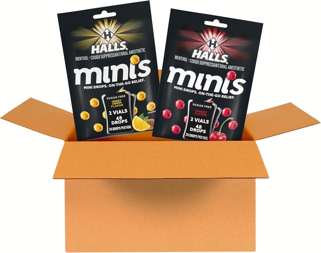 HALLS Minis Cherry and Honey Lemon Sugar Free Hough Drops Variety Pack, 2 poser, 4 pakker (96 Total Drops)