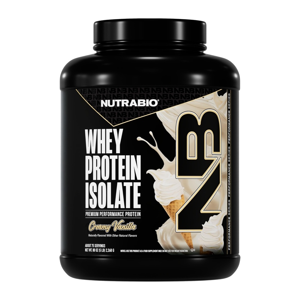 NutraBio 100% Whey Protein Isolate Protein Powder, 25g Protein med komplet Aminosyreprofil, Non- GMO, Soy & Gluten Free, Low Carb, Low Calorie Whey Protein Powder, Alpine Vanilla, 5 Lbs