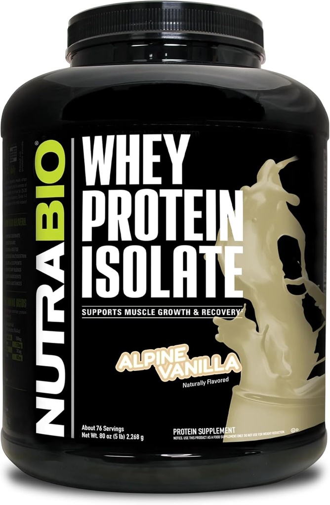 NutraBio 100% Whey Protein Isolate Protein Powder, 25g Protein med komplet Aminosyreprofil, Non- GMO, Soy & Gluten Free, Low Carb, Low Calorie Whey Protein Powder, Alpine Vanilla, 5 Lbs