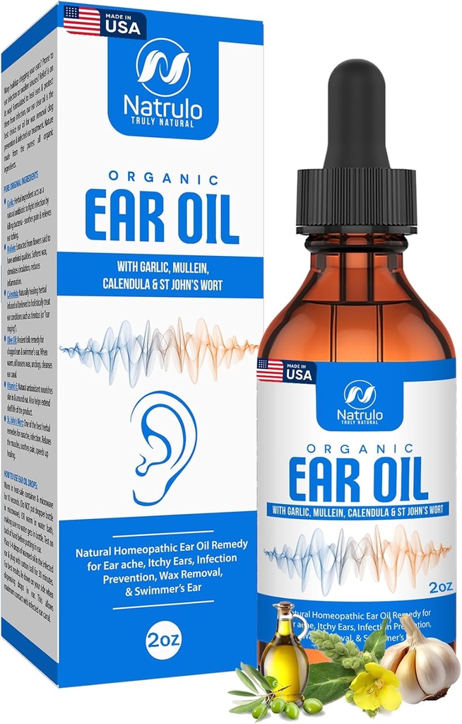 Organic Ear Oil for Ear Infektion - Natural Eardrops for Earache Prevention, Swimmers Ear & Wax Removal - Børn, voksne, Baby, & Dog Earache Remedy - med Mullein, Hvidløg, Calendula Made in USA (2 Oz)