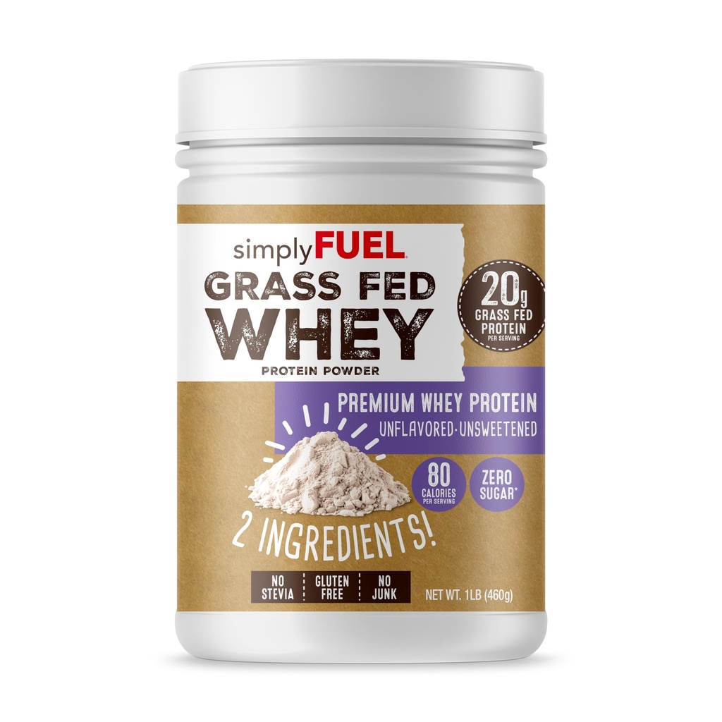 simplyFUEL 100% Grass-Fed Whey Protein Powder, Unflavored, Unsweetened, Zero Sugar or Carbs, Clean, Gluten-Free Protein, 20 g Protein per Serving, 1 lb