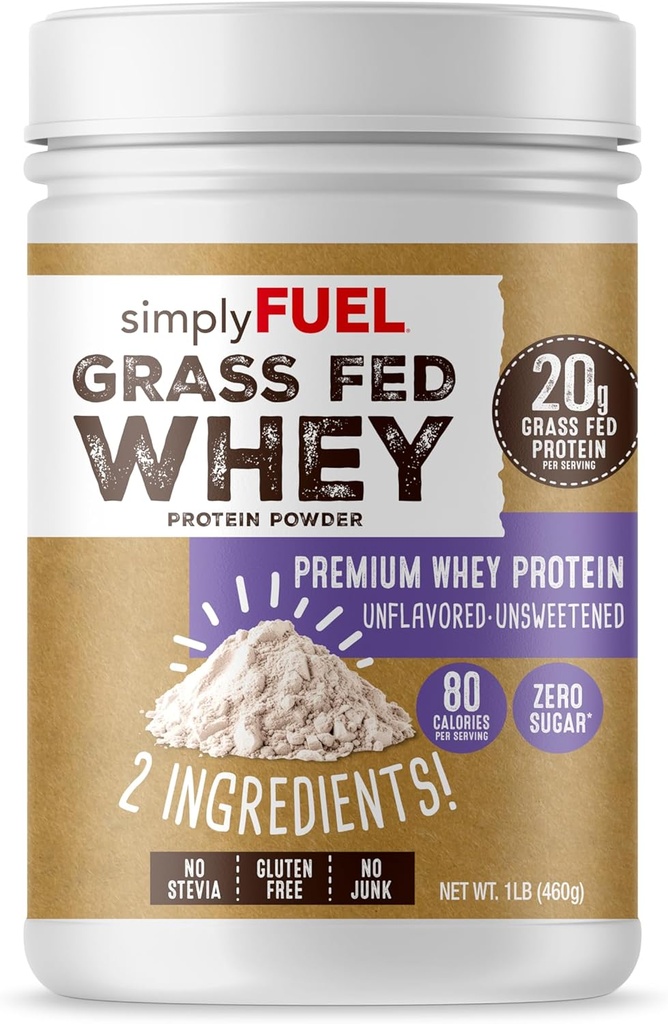 simplyfuel 100% Grass Fed Whey Protein Powder - Kun 2 Ingredienser, Unflavored, Usødet, Gluten Free, No Soy, 20g Protein - Zero Sugar, No Carb Clean Protein - Muscle Growth and Recovery 1LBS