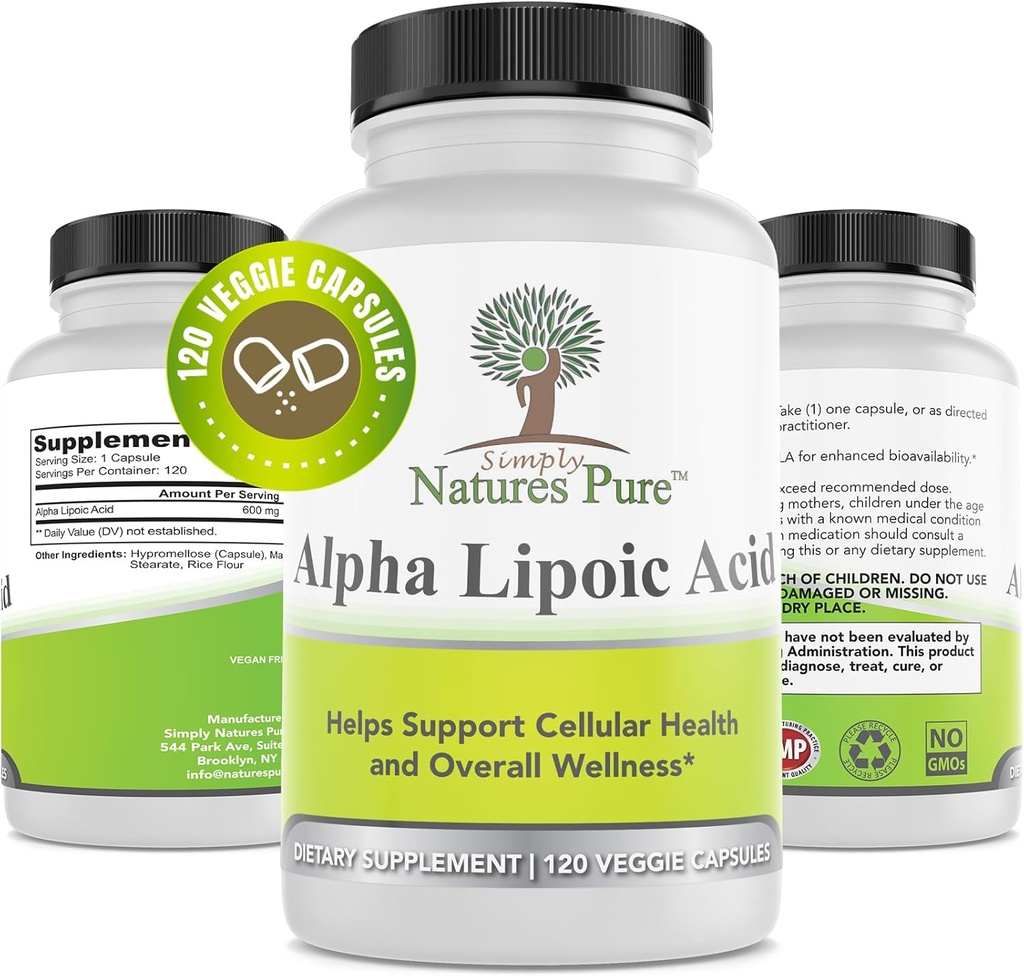 Simply Natures Pure Alpha Lipoic Acid 600mg 120 Veggie Capsules, Non- GMO Thioctic Acid 4 Måned Supply