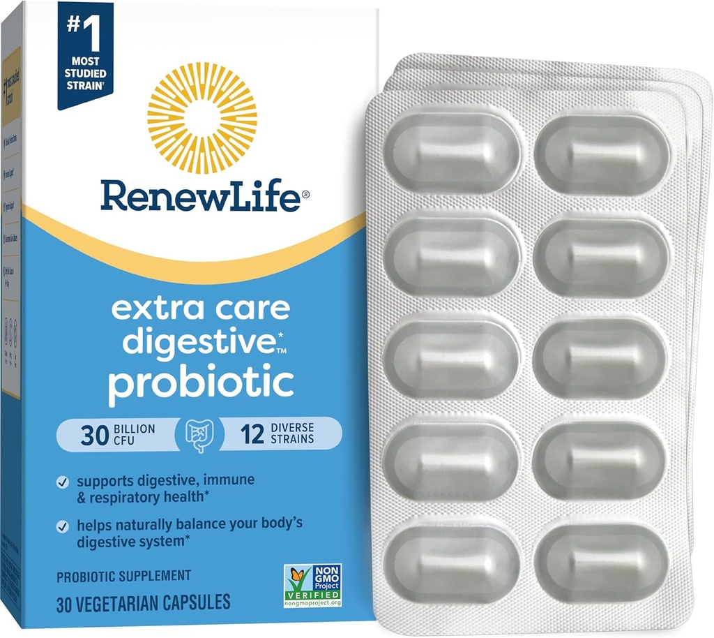 Renew Life Extra Care Go- Pack Probiotiske kapsler, Dagligt tillæg understøtter immunforsvar, fordøjelsessygdomme og åndedrætssygdomme, L. Rhamnosus GG, Dairy, Soy og glutenfri, 30 milliarder CFU, 30 Ct