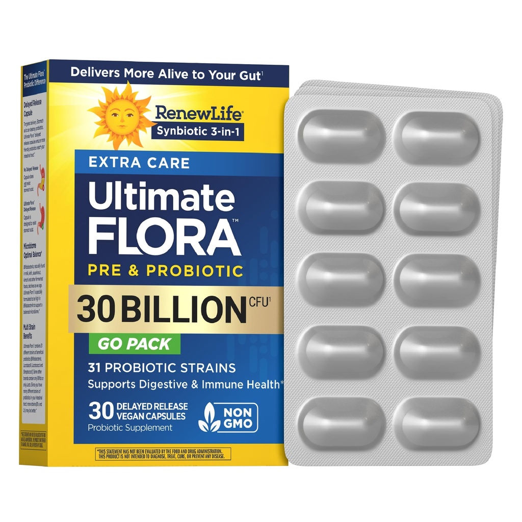 Renew Life Extra Care Go- Pack Probiotiske kapsler, Dagligt tillæg understøtter immunforsvar, fordøjelsessygdomme og åndedrætssygdomme, L. Rhamnosus GG, Dairy, Soy og glutenfri, 30 milliarder CFU, 30 Ct