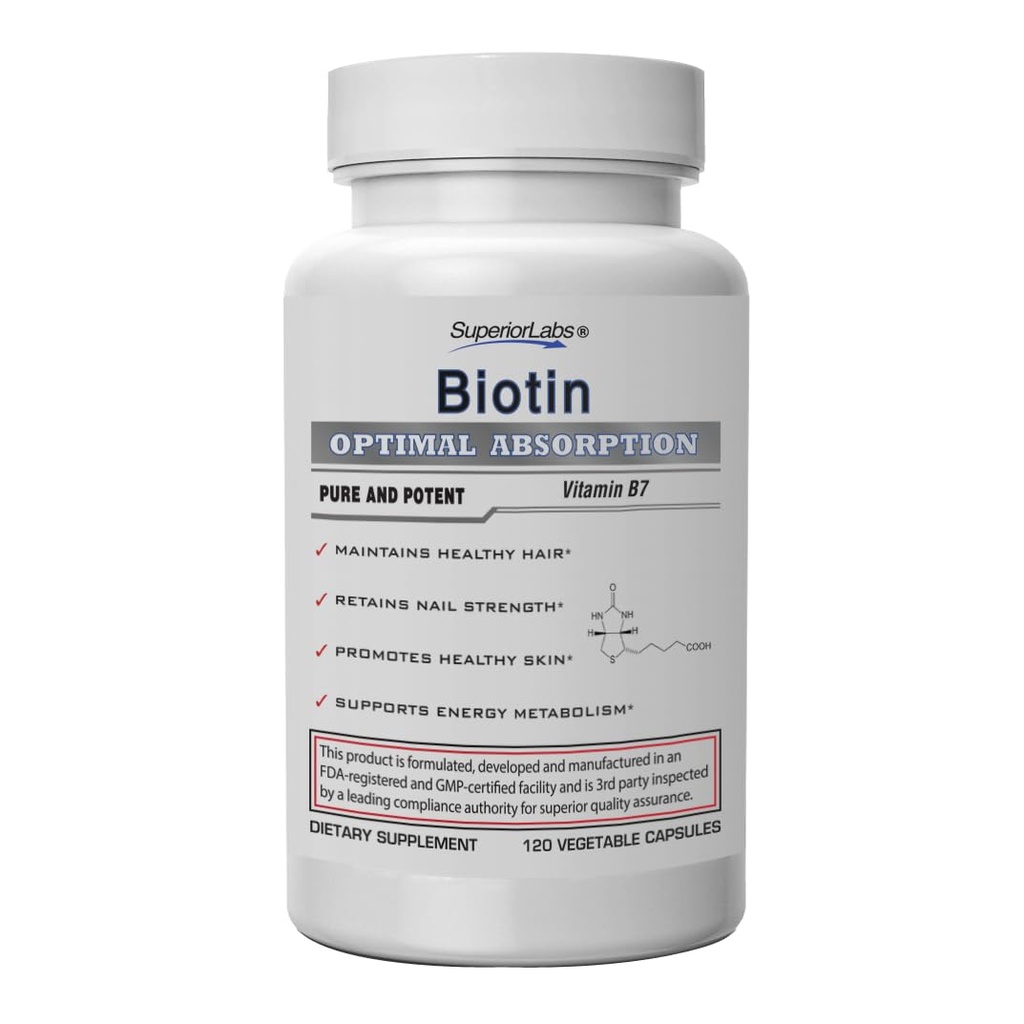 Superior Labs - Bedste Natural Biotin NonGMO supplement - for Luscious Længere hår og blærer - Stærkere negle - Sund hud - Energy Booster - Sund vægt - 5000 mcg, 120 Vegetabilske Caps