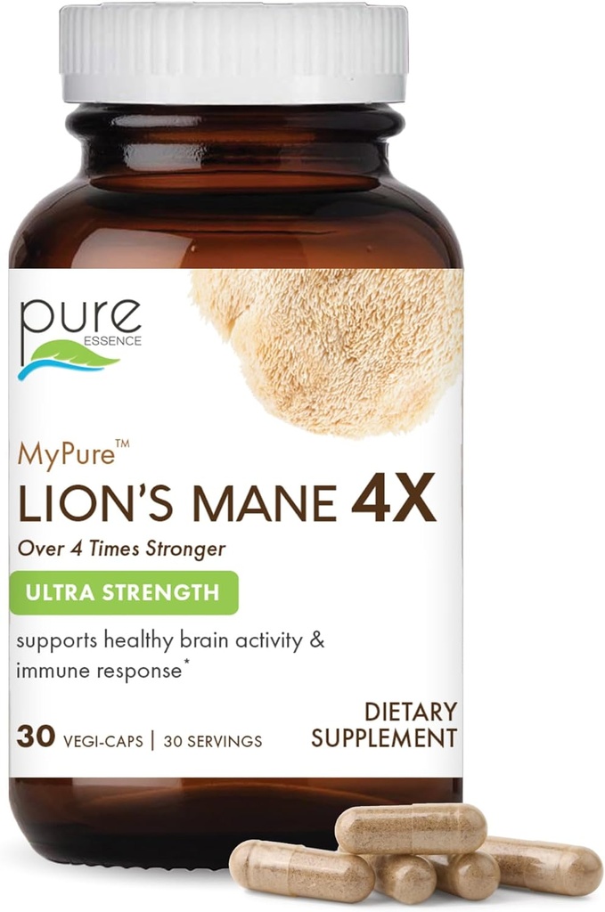 PURE VÆSENTLIGE ETIKER MyPure Lions Mane 4X - Ultra Strength Brain Support Supplement med 6: 1 Hot Water Extract & 10: 1 Extract for Cognitive Health, Focus, Memory & Mental Clarity, 30 Kapsler