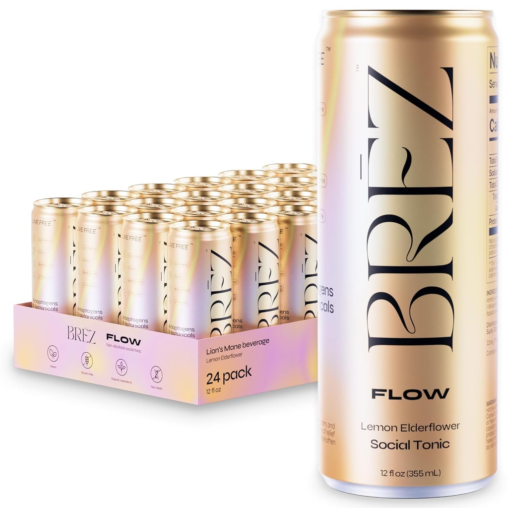 BREZ FLOW Lions Mane Mushroom Drink, 24- Pack, Non- Infured, Adaptogens, Lempelse, Opløftning, og Social, Sparkling Lemon Elderflower Tonic 12 Fl oz