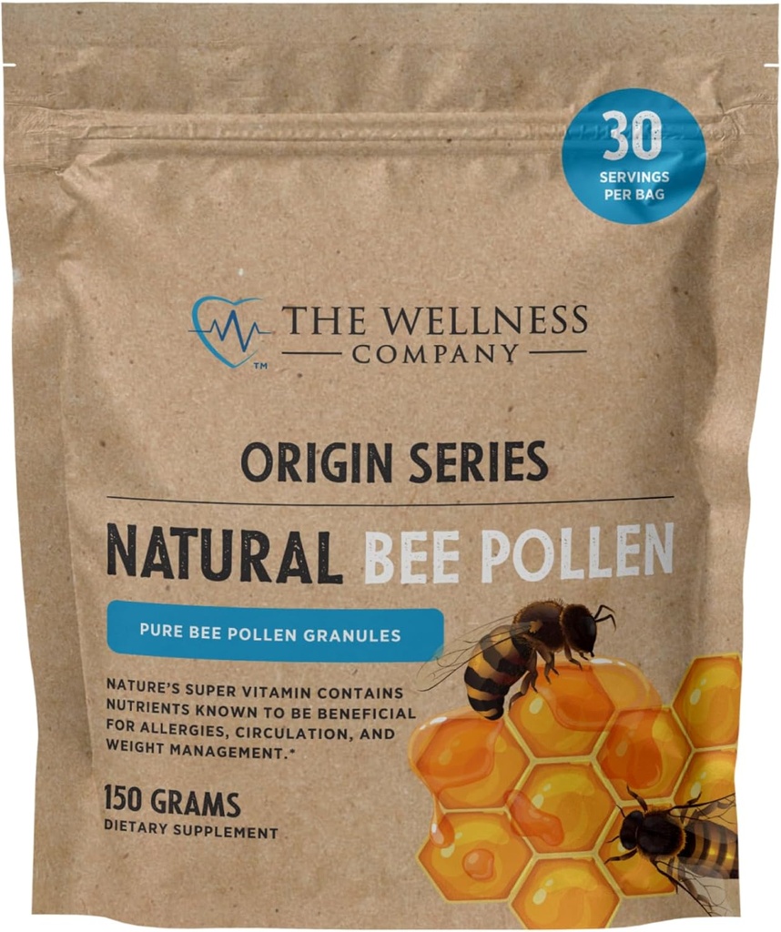 The Wellness Company Natural Bee Pollen - Allergy Support, Natural Energy, Antimikrobiel, Immunsundhed - 2,5 milliarder Pure California Pollen Korn, Moder Naturs Superfood
