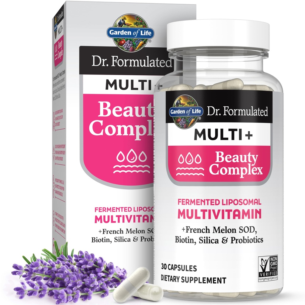 Livets have Dr. Formuleret Multi + Beauty Complex Gæret Liposomal Multivitamin Plus Hår Hud og negle Vitaminer, Fransk Melon Mexine, Biotin & Probiotika, 30 kapsler, Supplement for kvinder og mænd