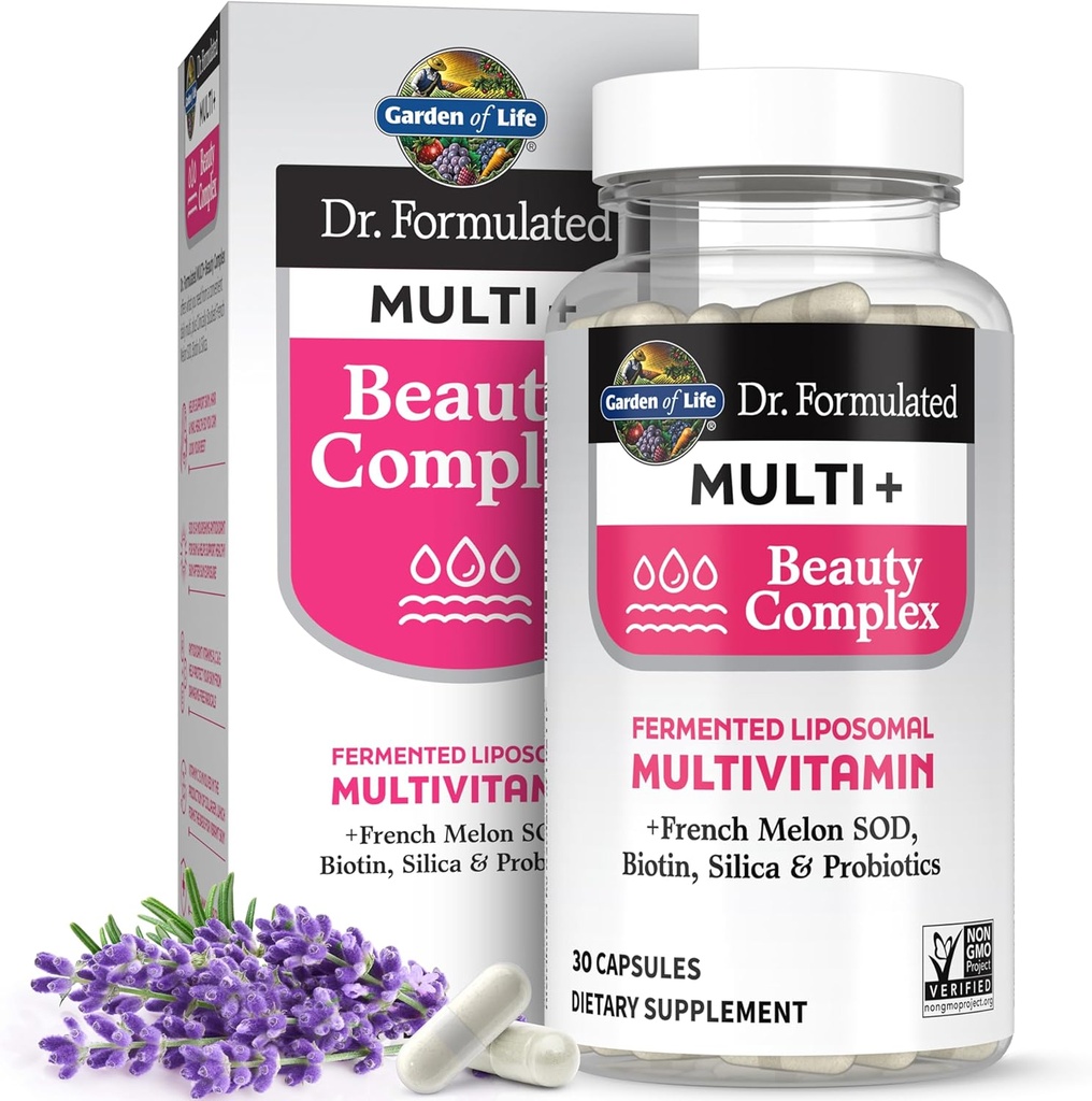 Livets have Dr. Formuleret Multi + Beauty Complex Gæret Liposomal Multivitamin Plus Hår Hud og negle Vitaminer, Fransk Melon Mexine, Biotin & Probiotika, 30 kapsler, Supplement for kvinder og mænd