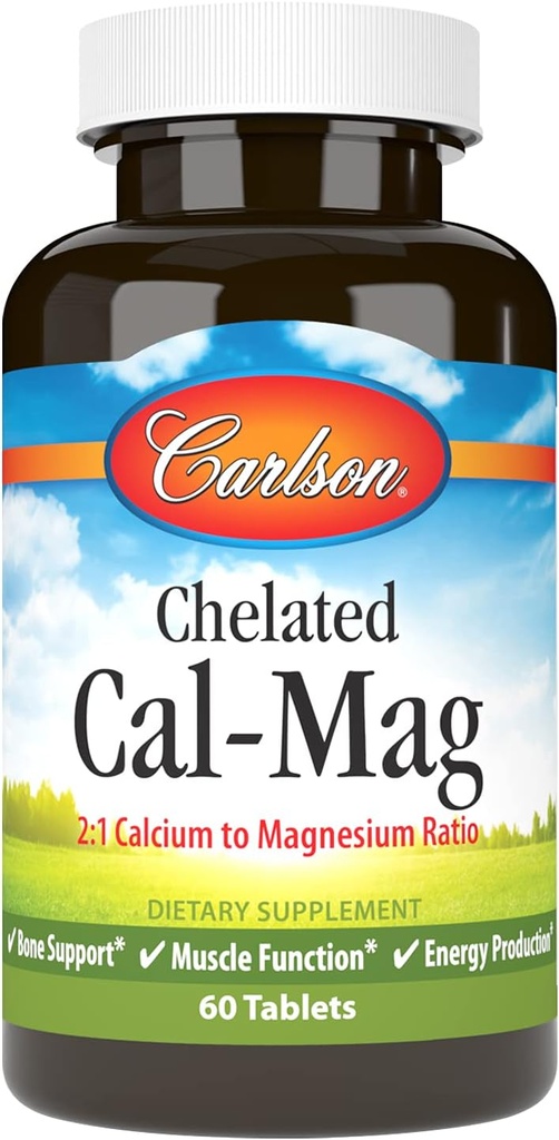 Carlson - Chelated Cal- Mag, 2: 1 Calcium til Magnesiumforhold, Knoglestøtte, Muskelfunktion & Energiproduktion, 60 tabletter