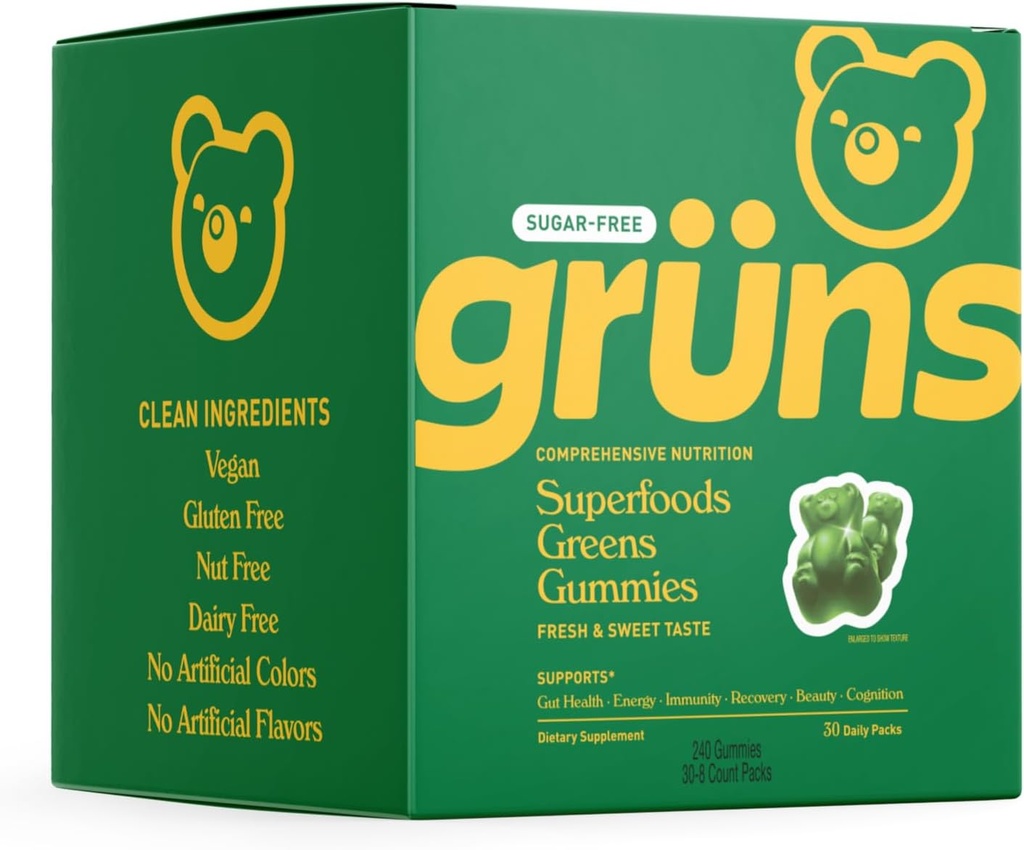 Gruns Sugar Free Super Greens Gummy Bears - Organic Spirulina og Chlorella, Prebiotika til fordøjelse, 20 + Vitaminer og mineraler, Adaptogens - 30 breve - 240 Gummies