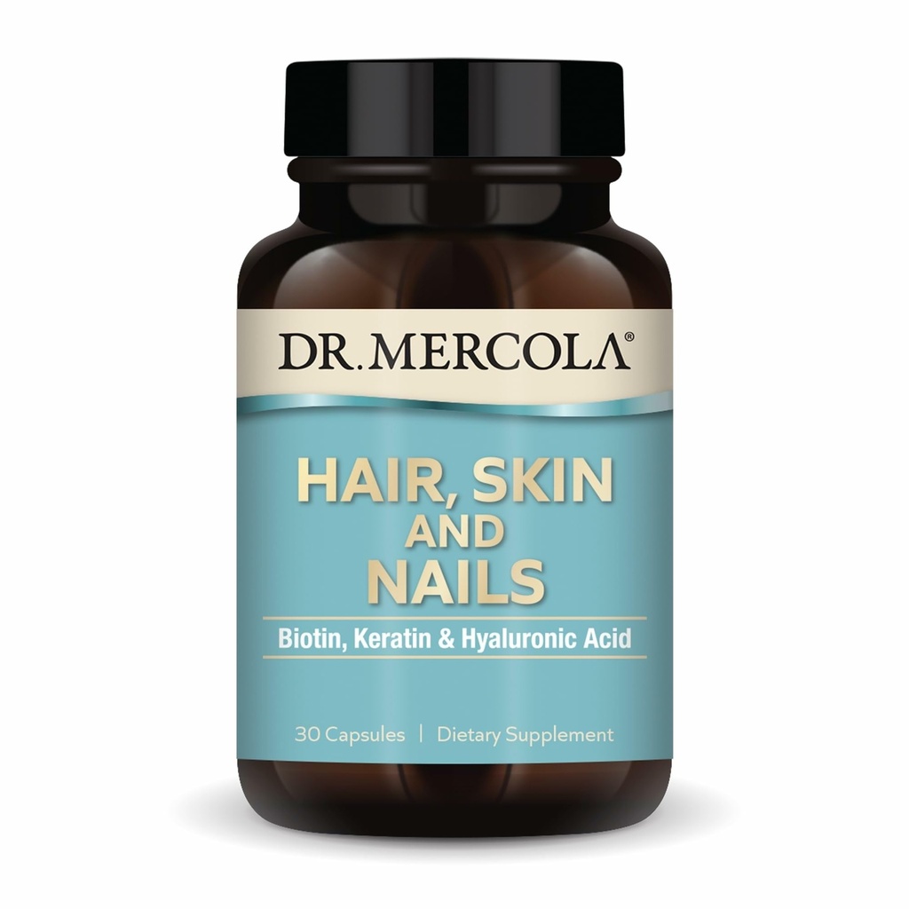 Dr. Mercola Hår, Hud og negle - Giver biotin, Keratin & Hyaluronsyre - Premium kvalitet - Understøtter sund aldring - Non- GMO, Gluten- Free & Soy- Free - 30 kapsler (30 Servere)
