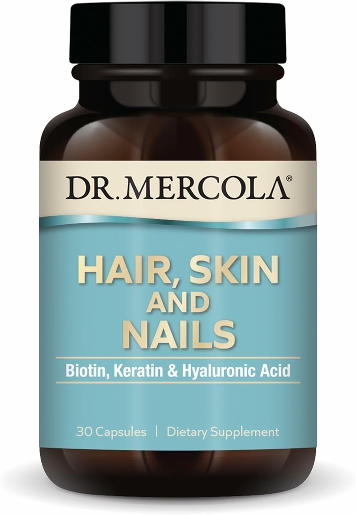 Dr. Mercola Hair, Skin and Nails - Provides Biotin, Keratin & Hyaluronic Acid - Premium Quality - Supports Healthy Aging - Non-GMO, Gluten-Free & Soy-Free - 30 Capsules (30 Servings)