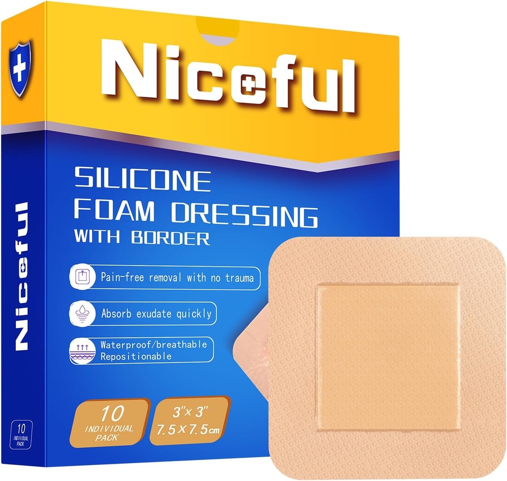 Silikone Skum Klædning 3x3 i (7.5x7.5cm), Høj Absorbency Bed Sore Bandages Sårpleje Klædning, Vandtæt Silikone Bandager for Følsomme Skin Sårpleje (10 stk)