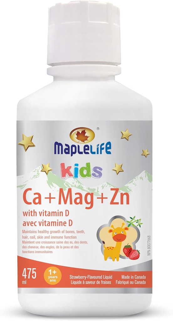 MapleLife Kids Calcium, Magnesium og Zink + D Jordbær, 475 ml