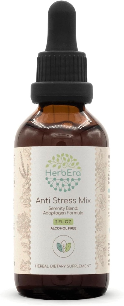 Anti Stress Mix B60 Alkoholfri ekstrakt tinktur, Eleuthero Root, Rhodiola Root, Schisandra Berry, Gotu Kola Herb, Holy Basil Herb. Serenity Blend: Adaptogen Formel 2 Fl Oz